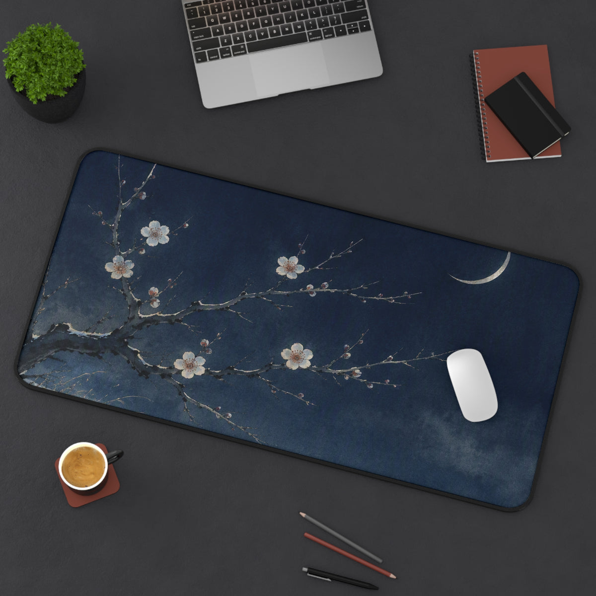 Plum Blossom Desk Mat — Japanese winter moon desk pad by Akariwave, view 6