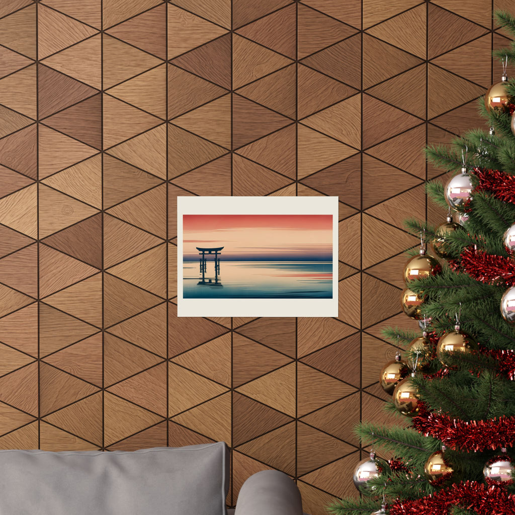 Torii at Sunset matte poster 16x12 — Japanese sunset wall art shown in a room setting