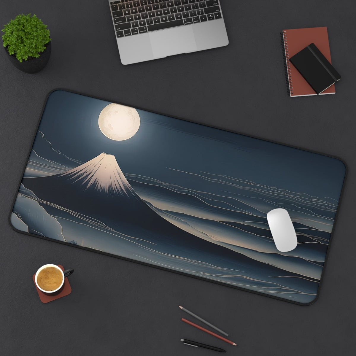 Fuji Moon Desk Mat — Japanese night landscape desk pad by Akariwave, view 6