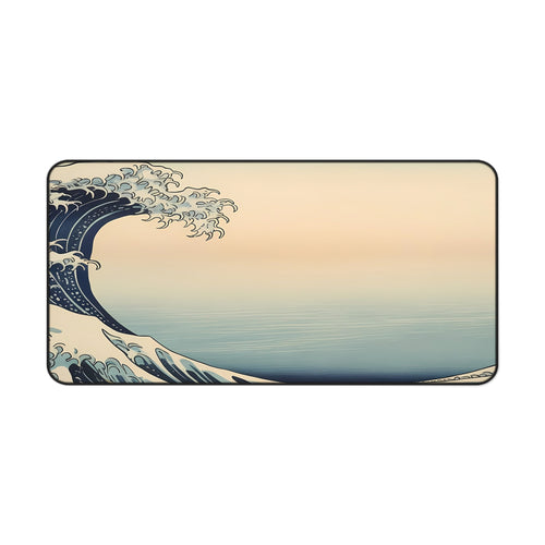 Hokusai Wave Desk Mat — Japanese ukiyo-e ocean wave design, neoprene mouse pad by Akariwave