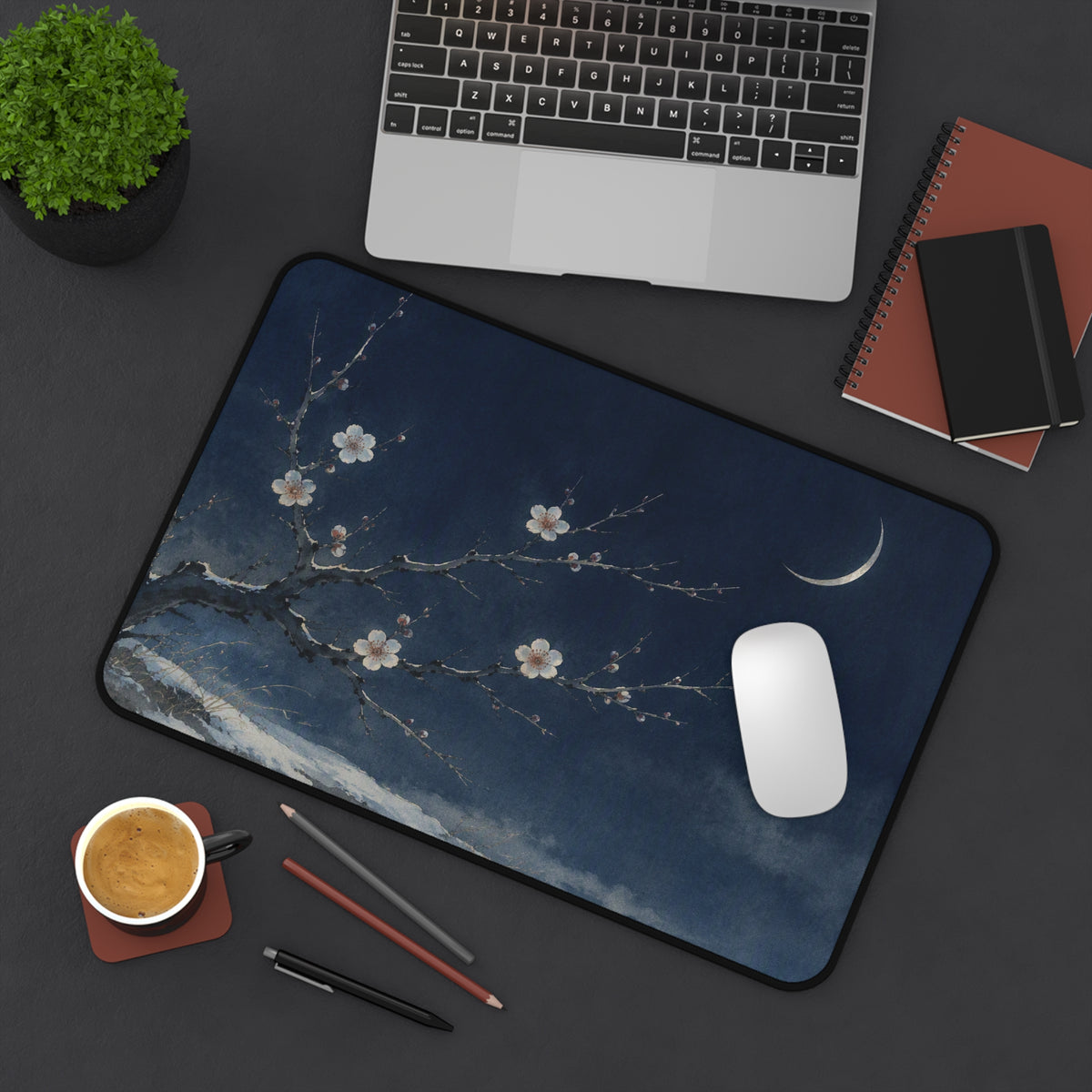 Plum Blossom Desk Mat — Japanese winter moon desk pad by Akariwave, view 9