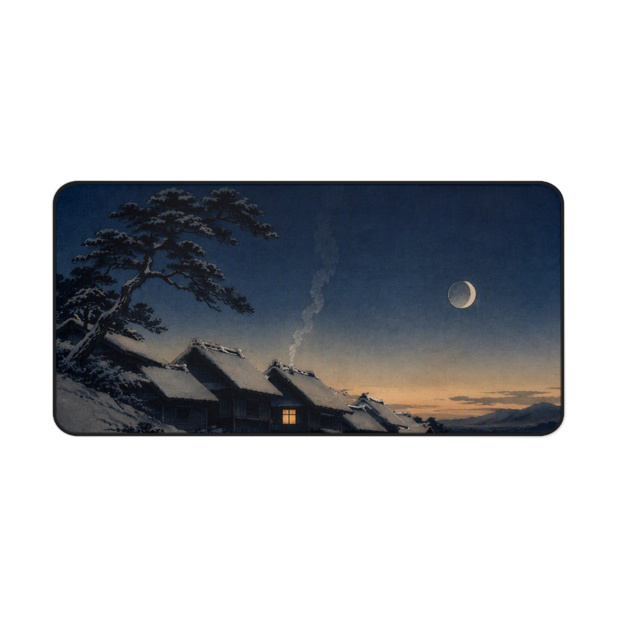 Snow Village Desk Mat — quiet Japanese winter village, ukiyo-e style neoprene mouse pad by Akariwave