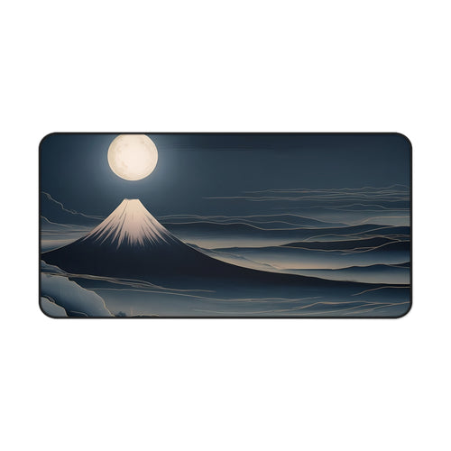Fuji Moon Desk Mat — Mount Fuji under a full moon, Japanese ukiyo-e style neoprene mouse pad by Akariwave