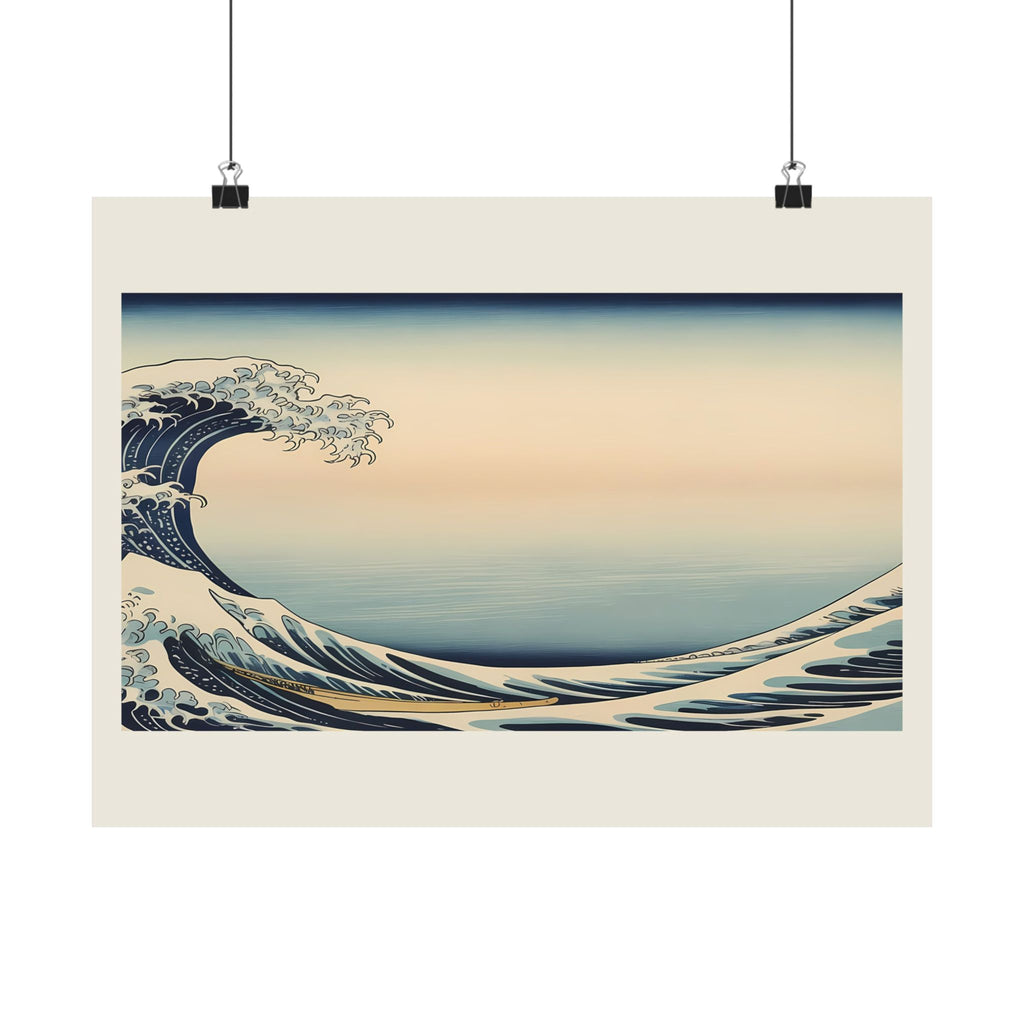 The Great Wave matte poster 16x12 — Japanese ukiyo-e ocean wave print with cream border, hanging on a wall, by Akariwave