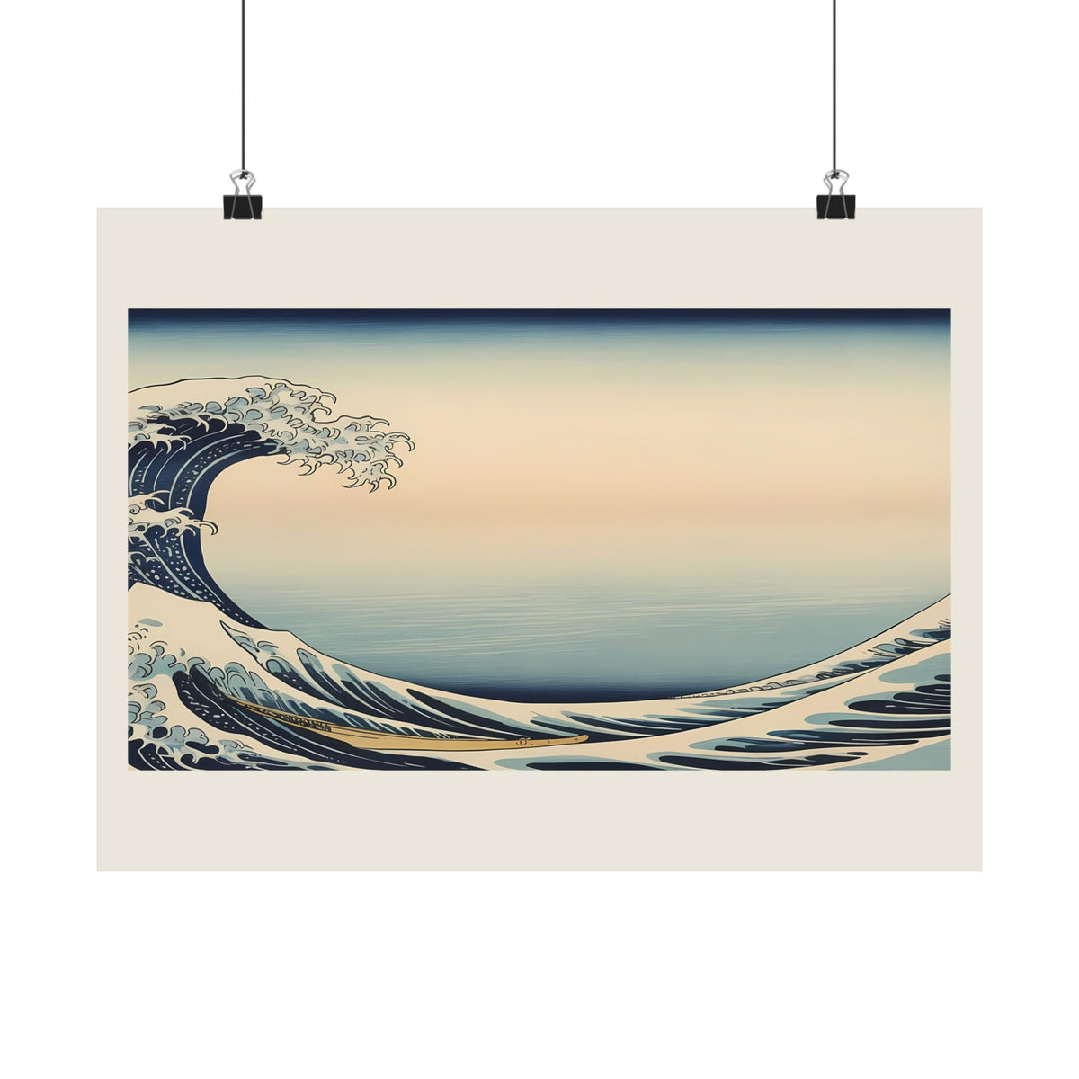 The Great Wave matte poster 16x12 — Japanese ukiyo-e ocean wave print with cream border, hanging on a wall, by Akariwave