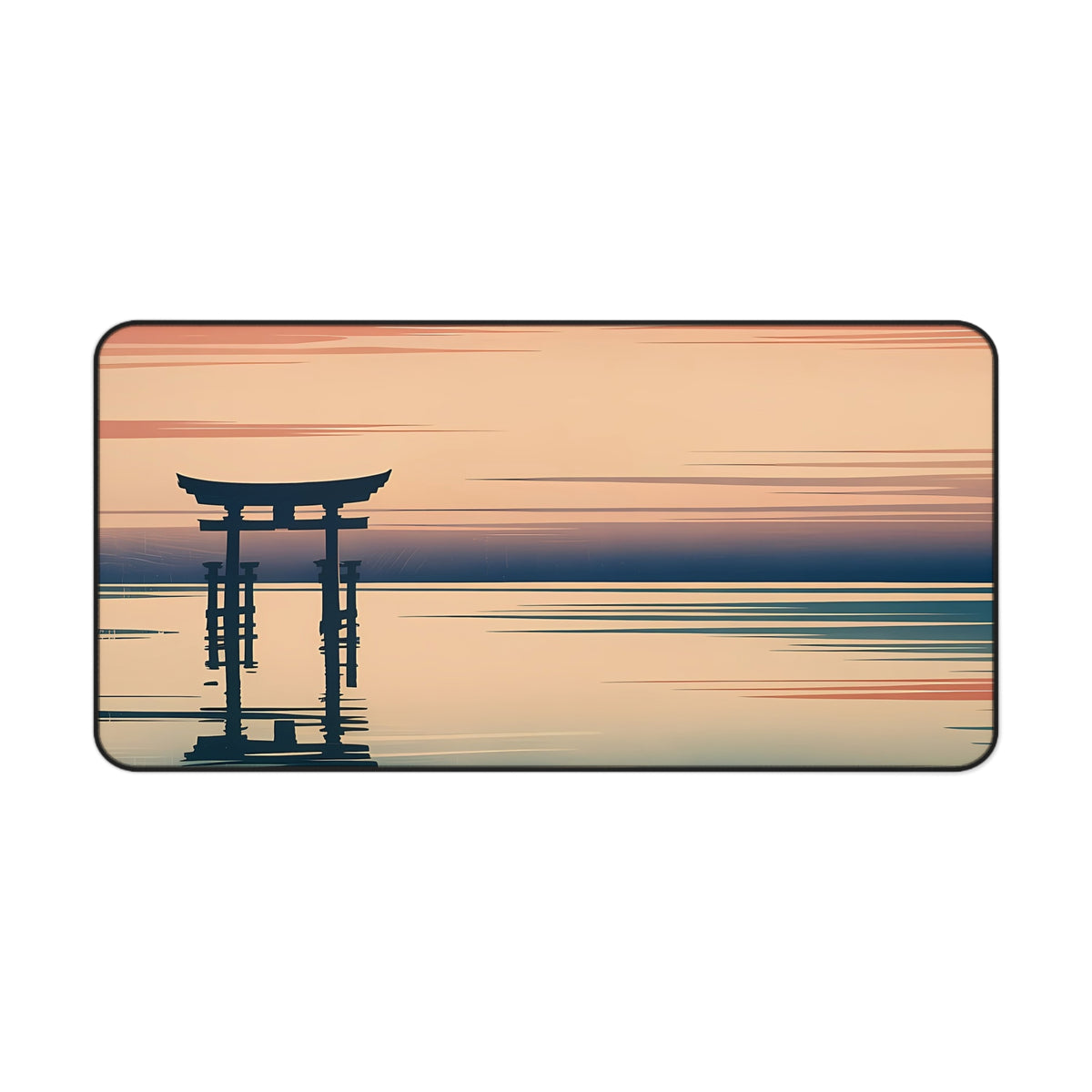Torii Sunset Desk Mat — Japanese torii gate at twilight, ukiyo-e style neoprene mouse pad by Akariwave