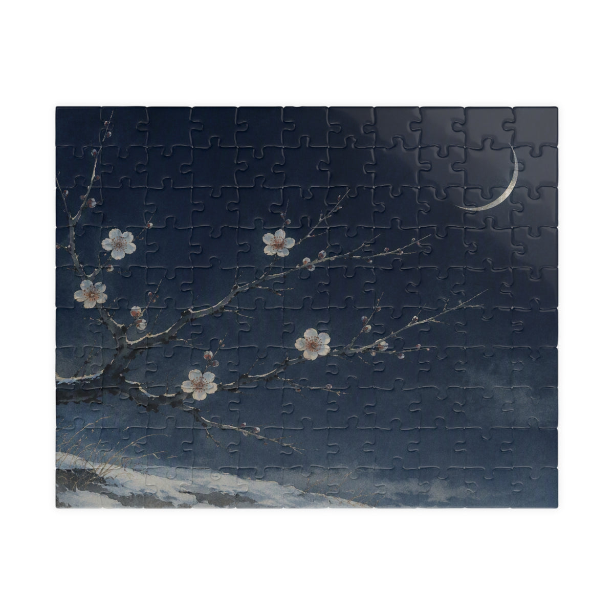 Plum Blossom Puzzle — plum blossom branch under a crescent moon, ukiyo-e style jigsaw puzzle by Akariwave