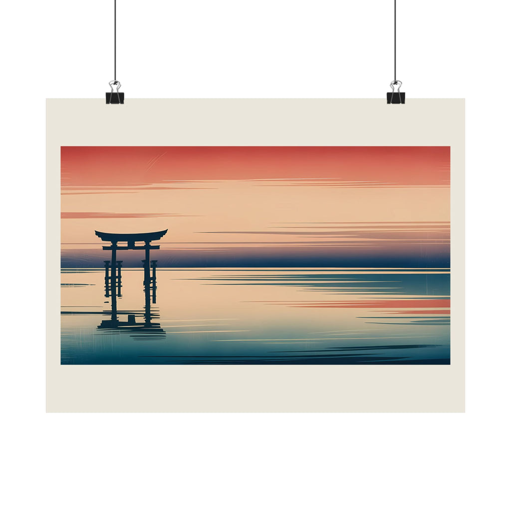 Torii at Sunset matte poster 16x12 — Japanese torii gate at twilight with cream border, hanging on a wall, by Akariwave