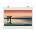 Torii at Sunset matte poster 16x12 — Japanese torii gate at twilight with cream border, hanging on a wall, by Akariwave