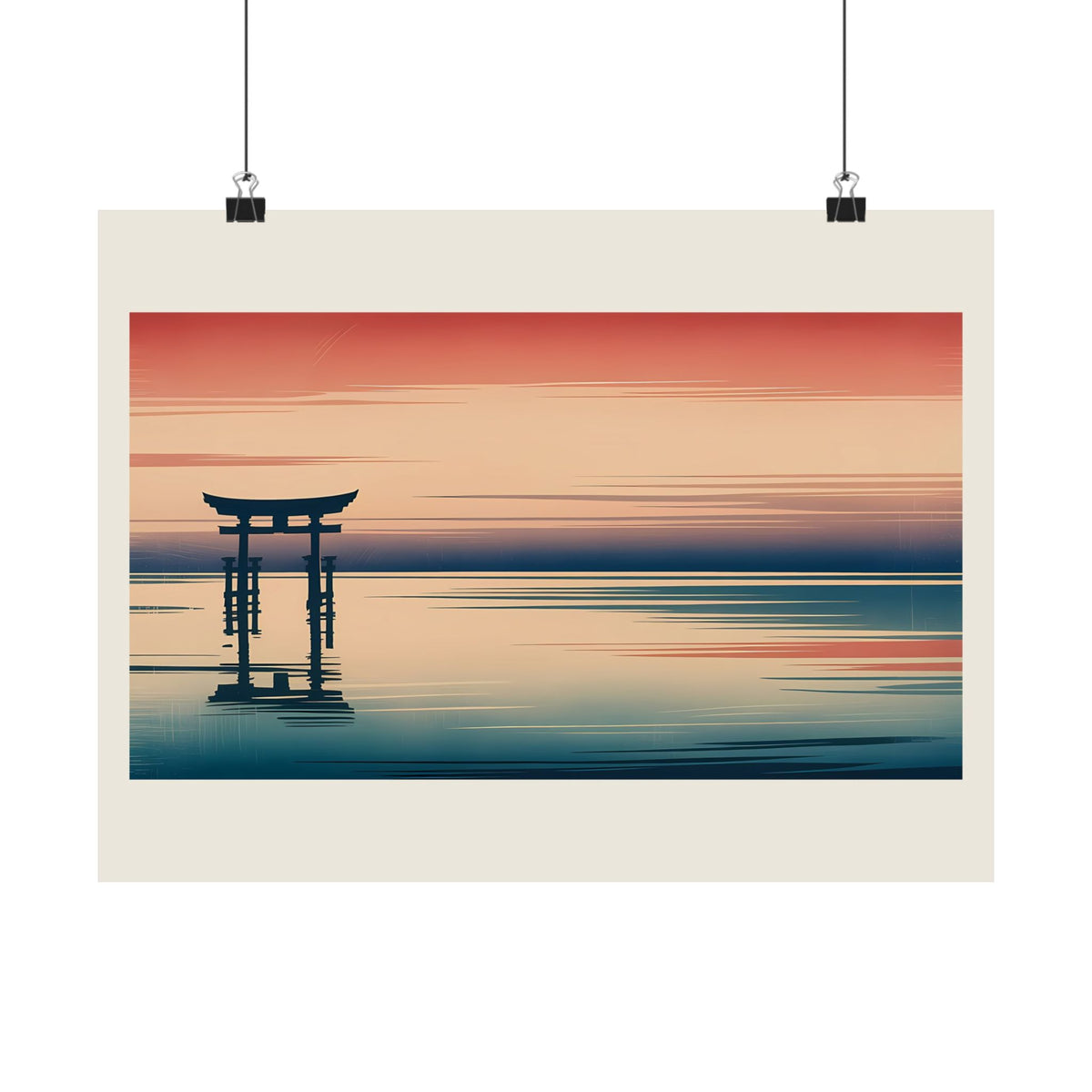 Torii at Sunset matte poster 16x12 — Japanese torii gate at twilight with cream border, hanging on a wall, by Akariwave