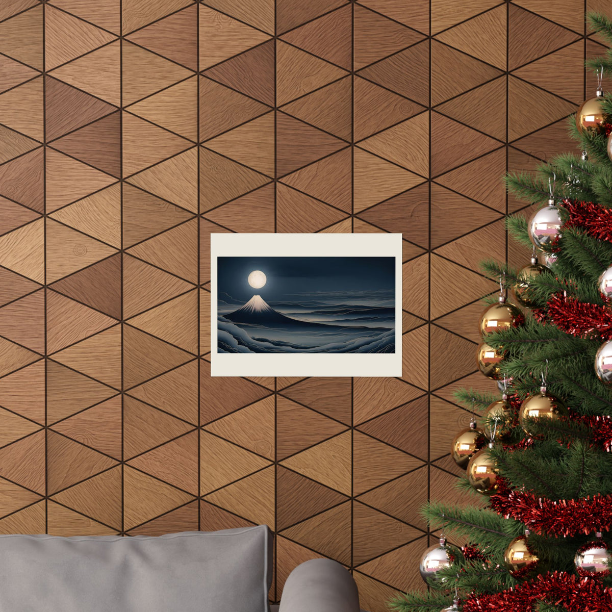 Moonlit Fuji matte poster 16x12 — Japanese Mount Fuji wall art shown in a room setting