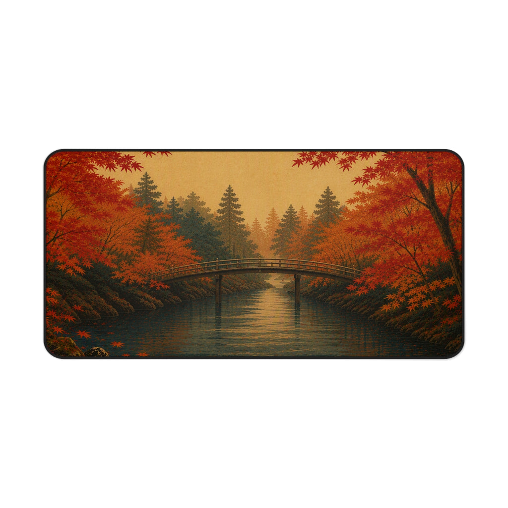Maple River Desk Mat — autumn maple river scene, Japanese ukiyo-e style neoprene mouse pad by Akariwave