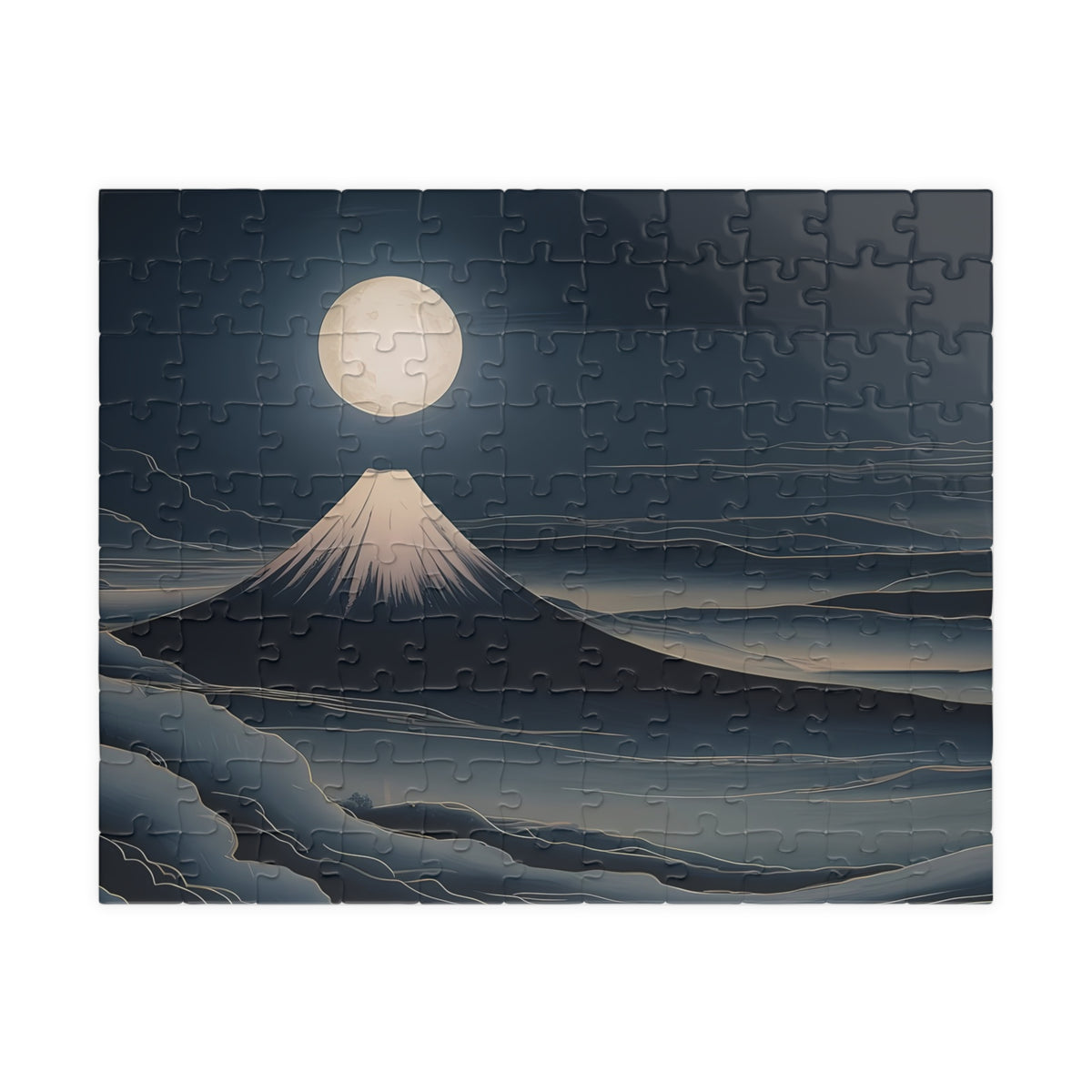 Fuji Moon Puzzle — Mount Fuji under a full moon, ukiyo-e night landscape jigsaw puzzle by Akariwave